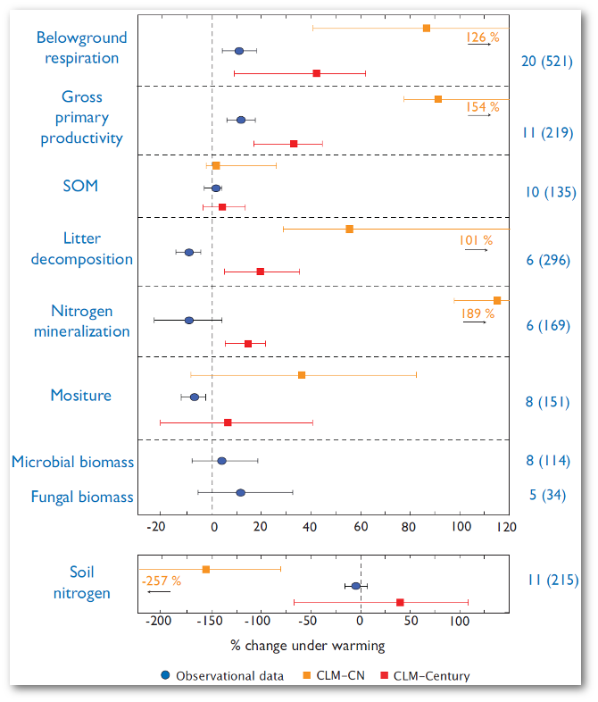 Carbon cycle responses to warming from two versions of CLM (orange and red) are compared to observations (blue).